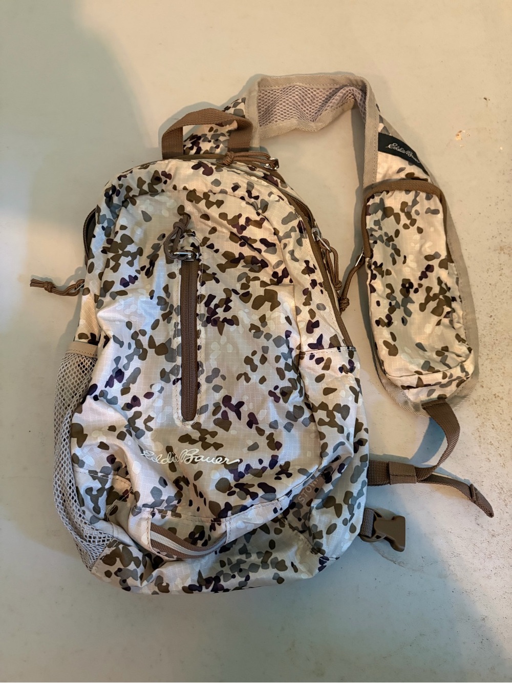 Eddie Bauer Beige Camo Sling stowaway Backpack with Brown Accents
